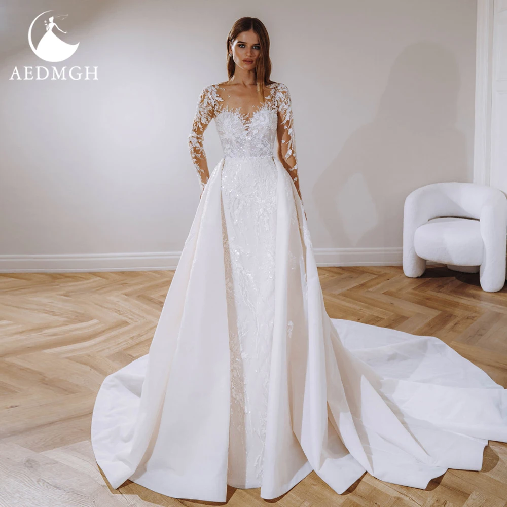 

Aedmgh Mermaid Wedding Dresses 2024 Sweetheart Long Sleeve Elegant Vestido De Novia Lace Shiny Detachable Train Robe De Mariee