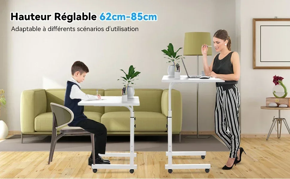 Table d'ordinateur avec roulettes, table de bureauushulable en hauteur, canapé soft, table de chevet, table basse de salon – Detail 6