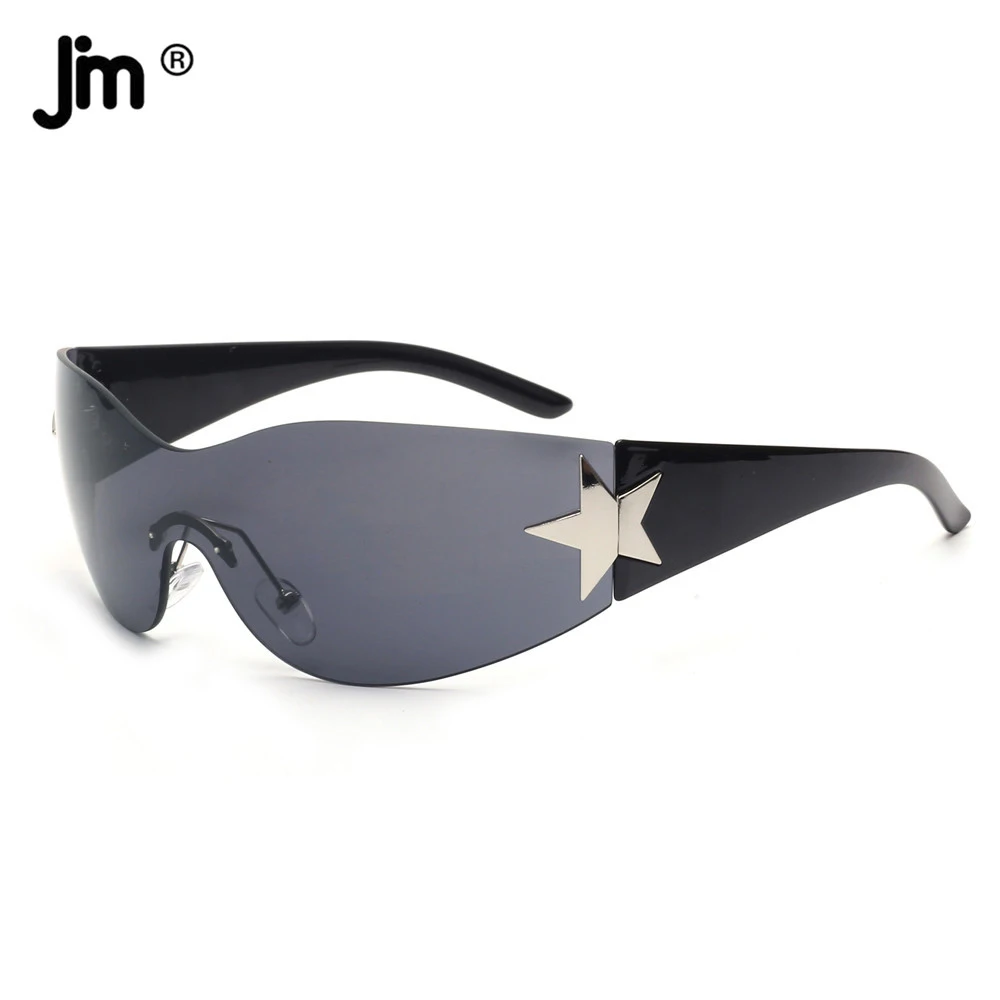 JM Rimless Y2K Sunglasses for Women Men, Oversized Trendy Shield Wrap Around Shades Black Fashion Glasses_voghion.com