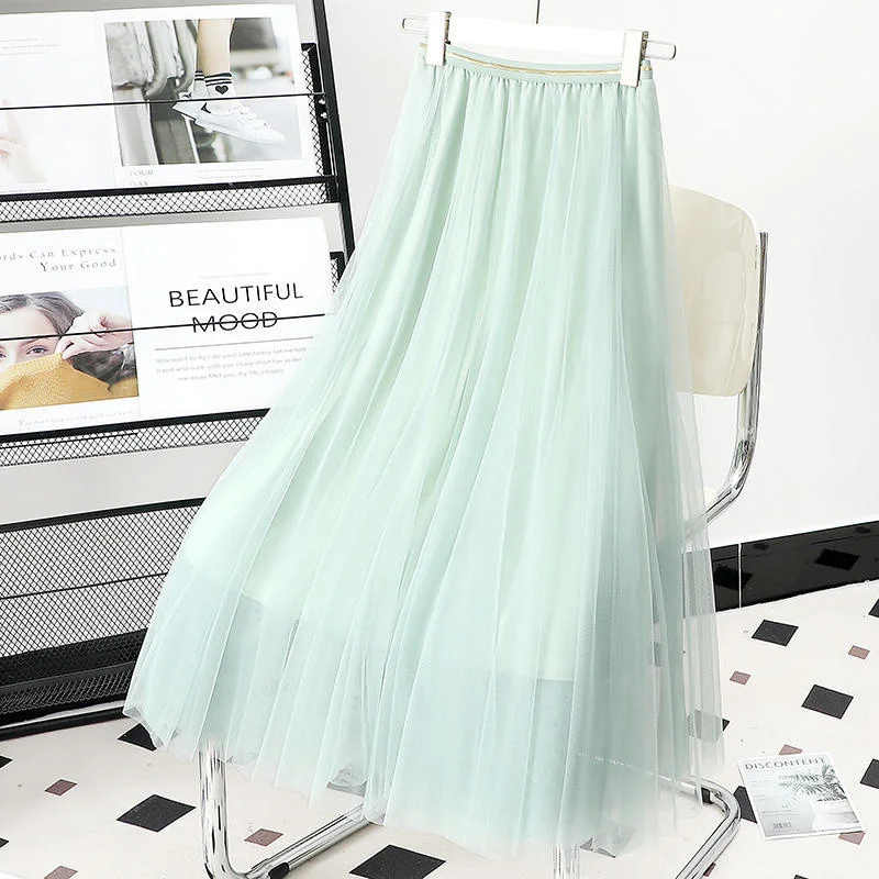 

Midi Summer Tulle Skirt Women Casual Fashion Elegant Design Solid Casual All-match Elastic High-waist Pleated Skirt