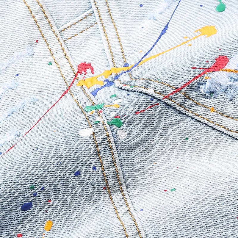 Newly Summer Fashion Men Jeans Retro Light Blue Elastic Spliced Designer Short Ripped Jeans Painted Hip Hop Denim Shorts Men