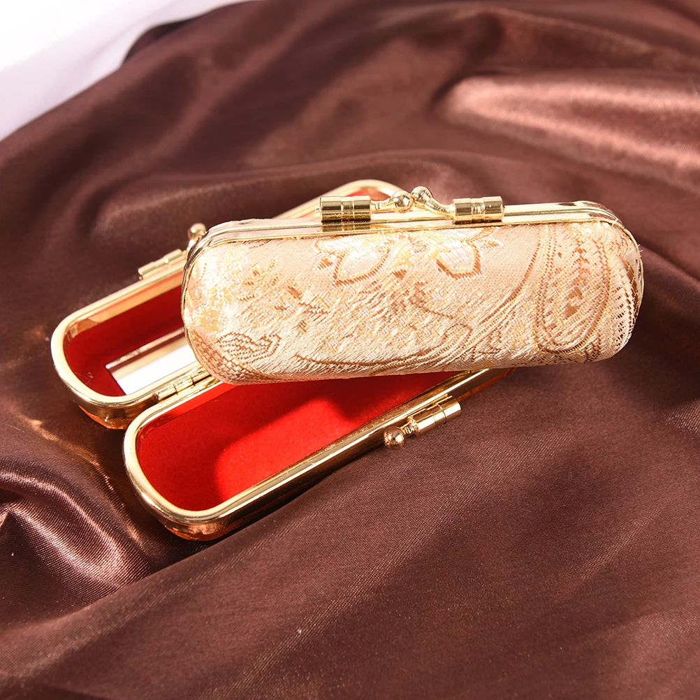 Portable Mini Makeup Silk Box Retro Flower Design Iron Clip Lipstick Case Holder With Mirror Ring Necklace Earring Storage 6