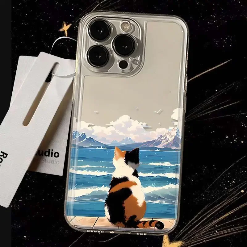 Katzen-Beobachtung am Meer Transparente Handyhülle für iPhone 17 16 15 11 12 14 13 Pro Max Mini X XSM XR 7 8 Plus SE4 17E Air Niedliche Hüllen Fundas