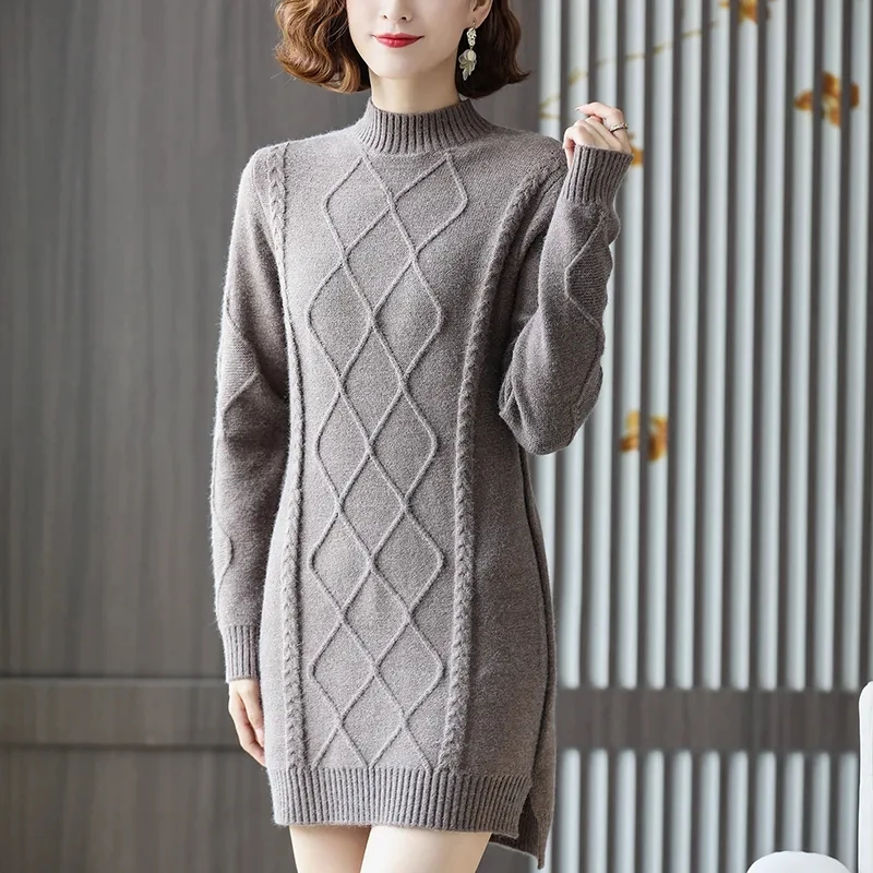

2024 New Autumn Winter Knit Dress Women's Clothing Knitted Sweater Top Twists Large Size Half Turtleneck Jersey Dress BC267
