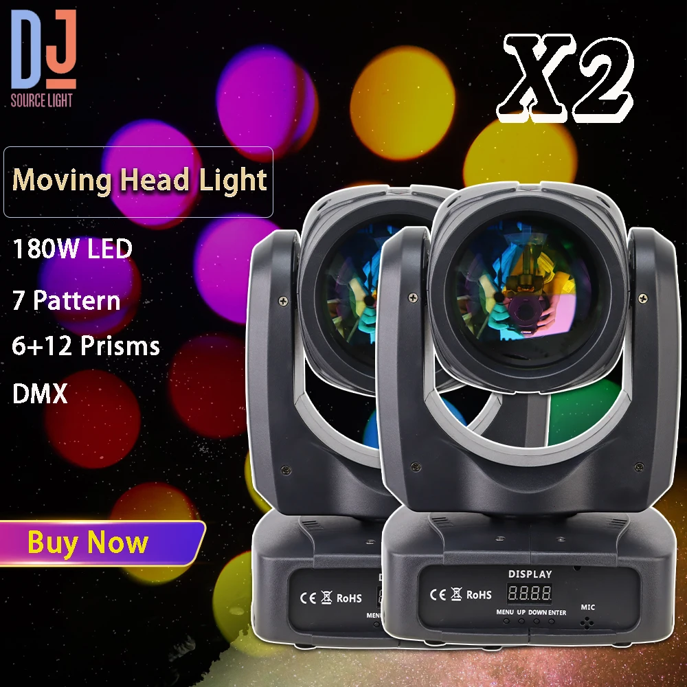 

2Pcs/lot 180W LED Moving Head Light Beam Spot 7 Pattern 7 Colors 6+12 Prisms Effect DMX512 DJ Disco Party Wedding Stage Effects