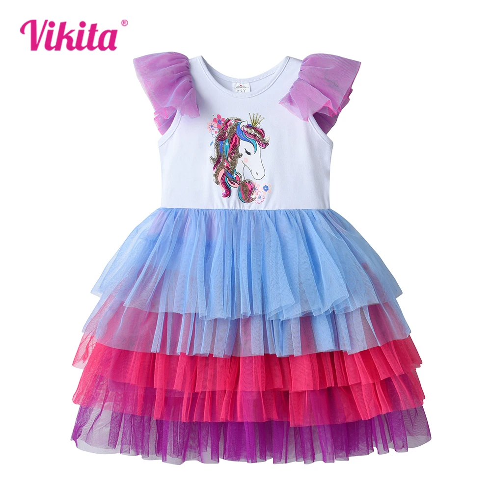 

VIKITA Girls Unicorn Sequined Appliqued Dress Kids Flare Sleeve Summer Dresses Girls Layered Cake Mesh Tulle Tutu Princess Dress