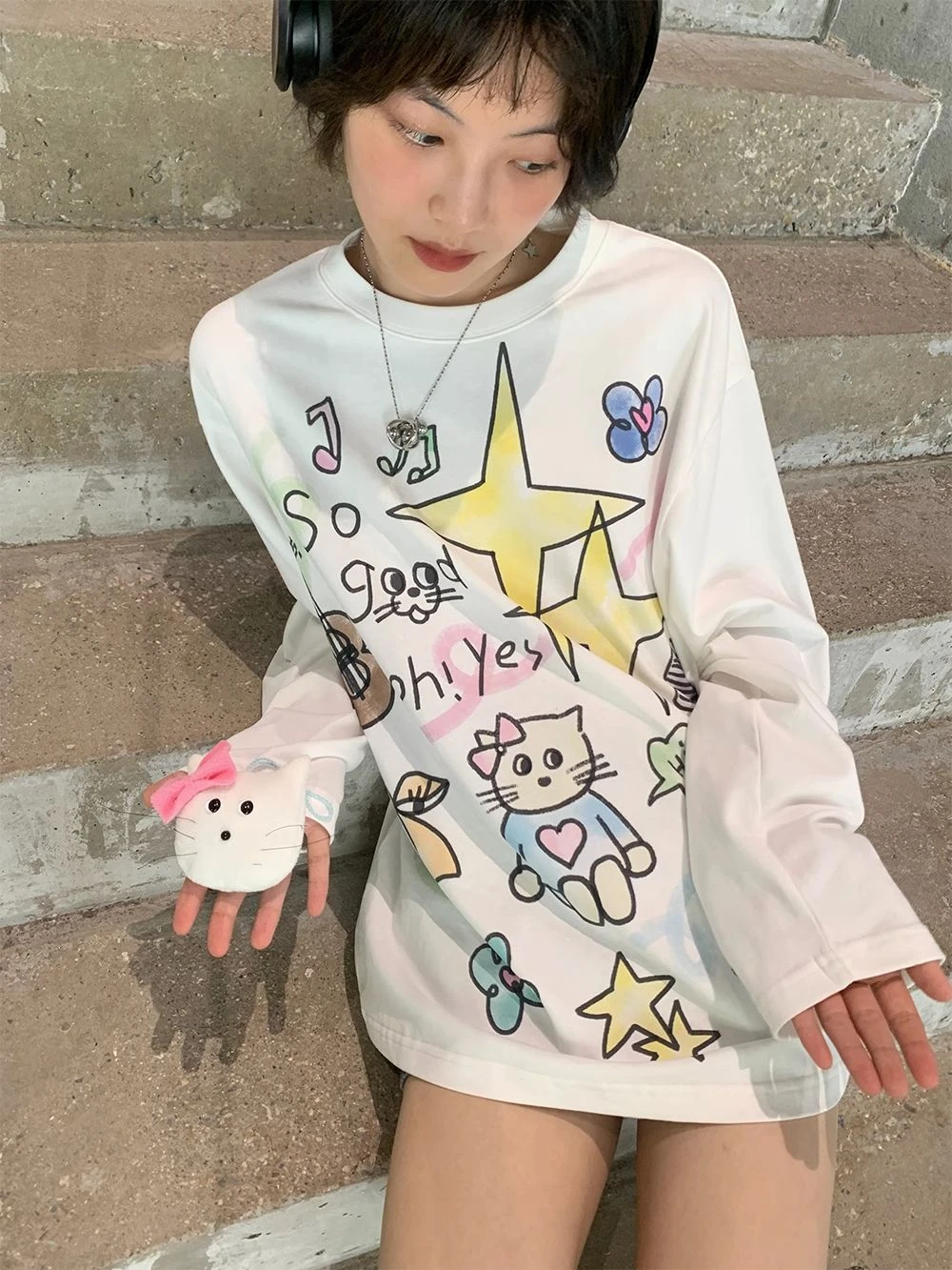 

Deeptown Graphic Long Sleeve T Shirts Women Harajuku Kawaii Cartoon Print White Tops Japanese Fashion Sweet Cute Casual Tees