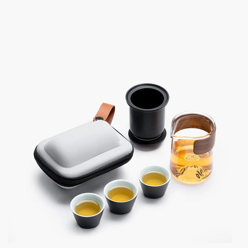 Retro Black Pottery 1 Pot 3 Cups Tea Set Outdoor Ceramic Travel Teaware Portable Glass Teapot with Filter Kung Fu Tea Maker Set