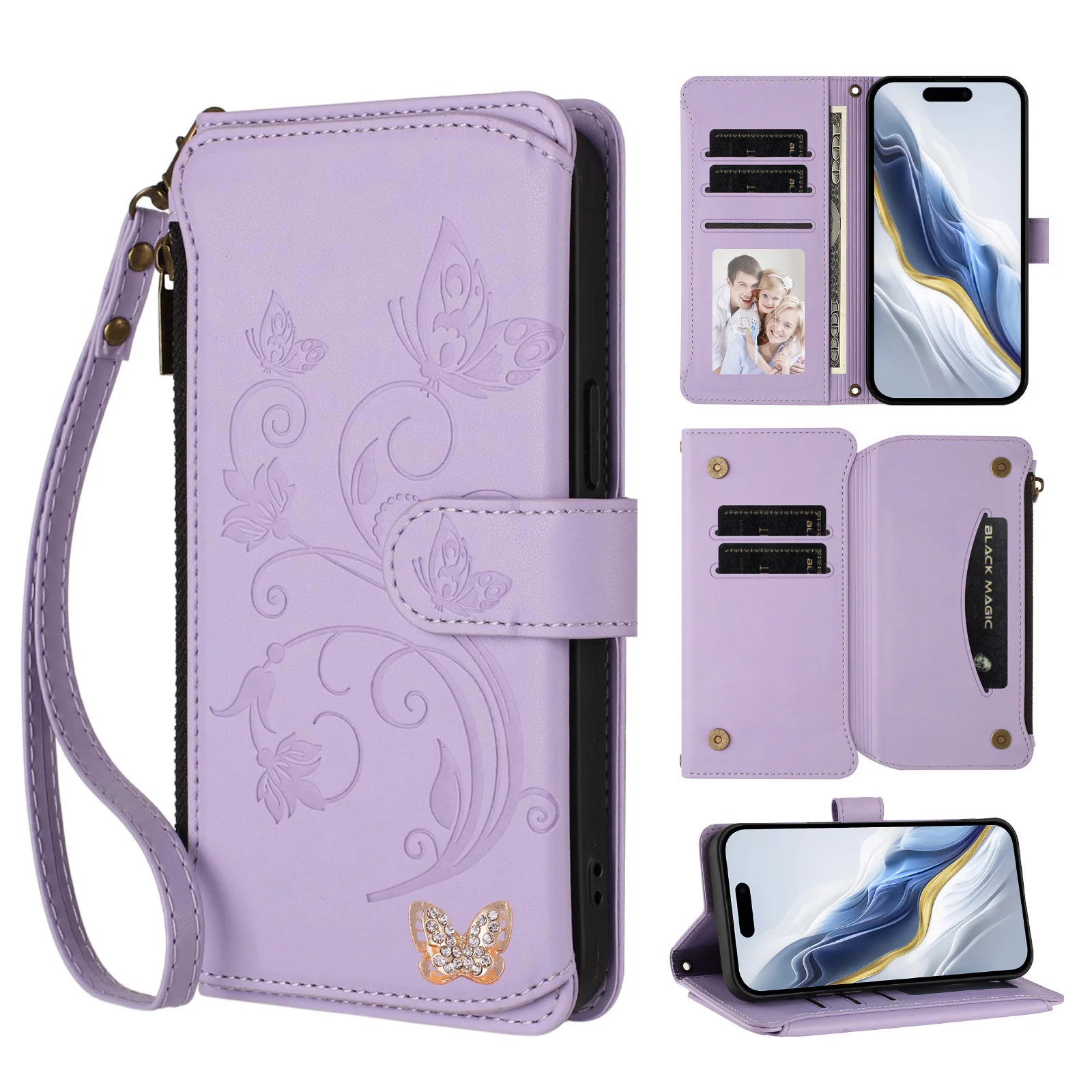 Wrist Zipper Wallet Case with Wireless Charging Leather Flip Cover and 5 Card Slots