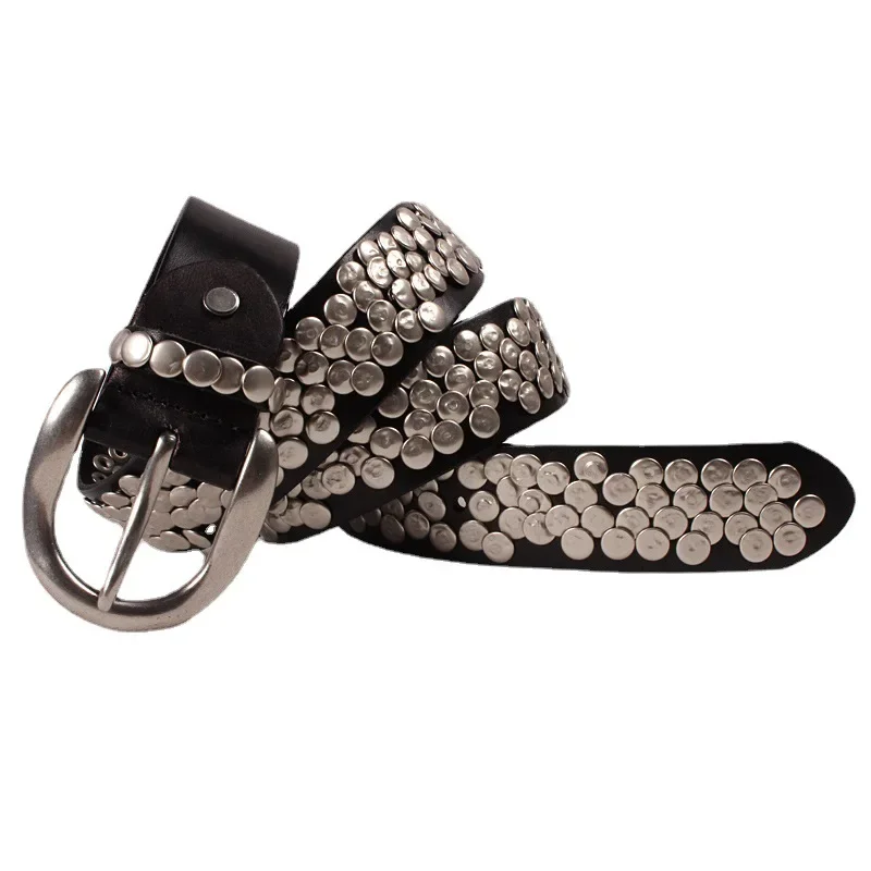 Designer punk style round studded women's belt pin buckle leather personality street