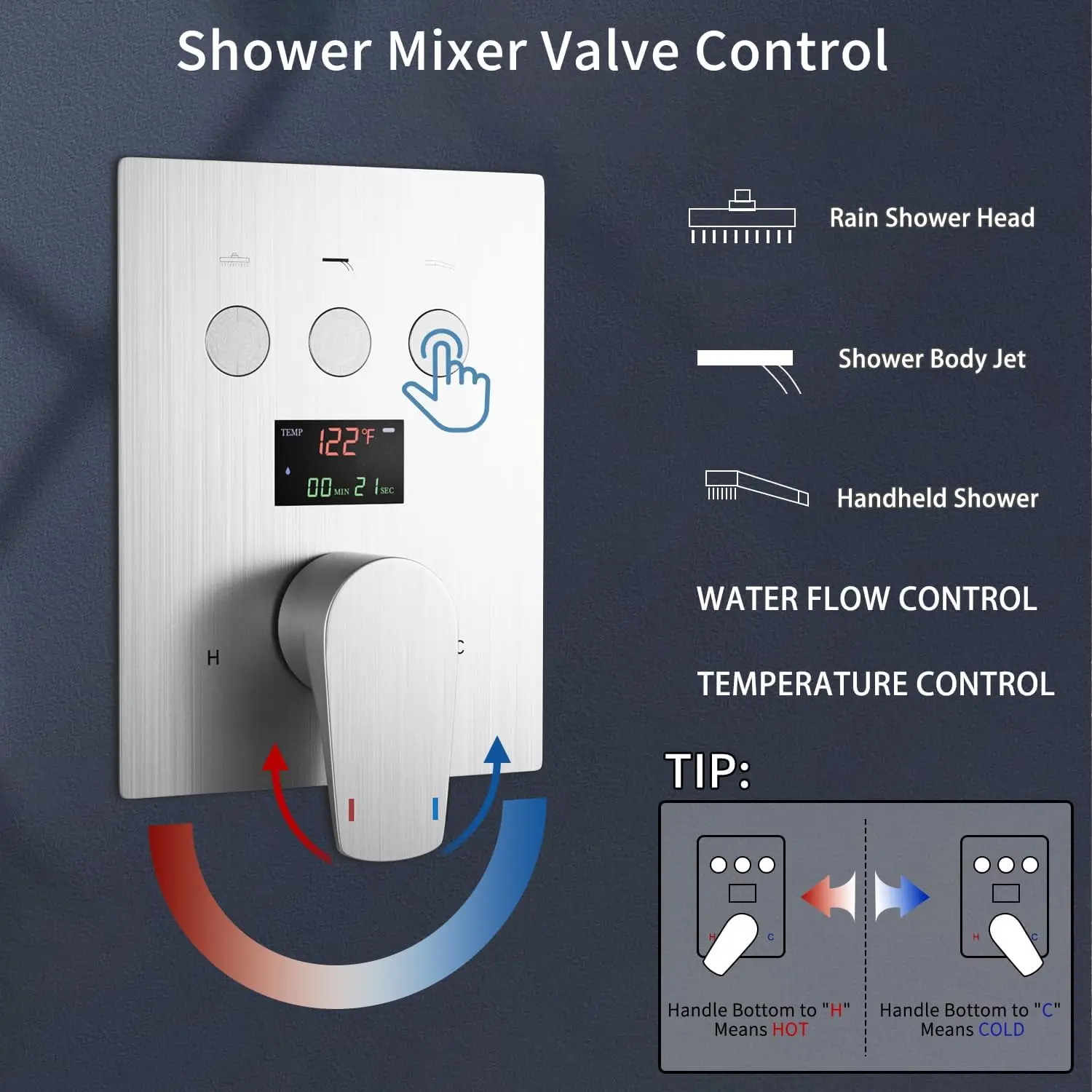 Rain Full Body Shower System Brushed Nickel Bathroom Shower Fixtures Faucet Combo Set 12 & 8 Inch Square Showerhead Temperature