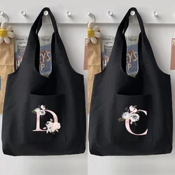 Fashion Black Shoulder Bag Woman Handbag Casual Initial Name Letter Pink Flower Pattern Printed Tote Bag Soft Canvas Commuter