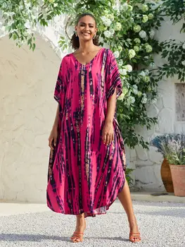 2023 Red Bohemian Striped Women Beach Dress Bathing Suit Cover Up Summer Tunic For Woman Beachwear bobe de plage Kaftan N1218 1