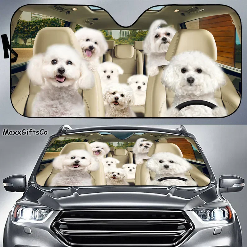 Bichon frise carro sol sombra, bichon frise pára-brisa, cães família pára-sol, welsh terrier acessórios do carro, bichon frise amantes gi