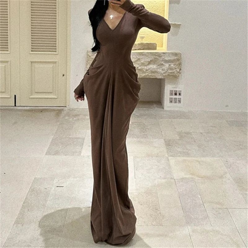 

BKLD 2024 French Style Elegant Women Long Sleeves V-neck High Waist Draped Folds Unique Elastic Wrap Maxi Dress Party Streetwear