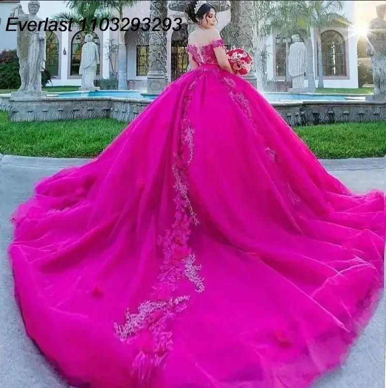 EVLAST Fuchsia Quinceanera Dress Ball Gown Floral Applique Beaded Crystal Mexico Sweet 16 Vestido 15 De A&ntilde;os TQD252