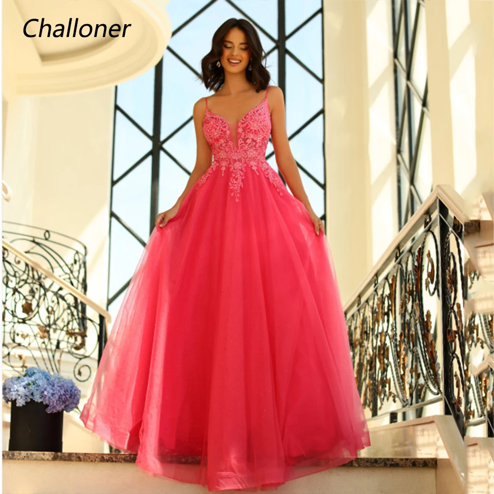 

Challoner Deep V-Neck A-Line Prom Dresses Spaghetti Straps Appliques Backless Floor Length Party Formal Gown Vestidos De Gala