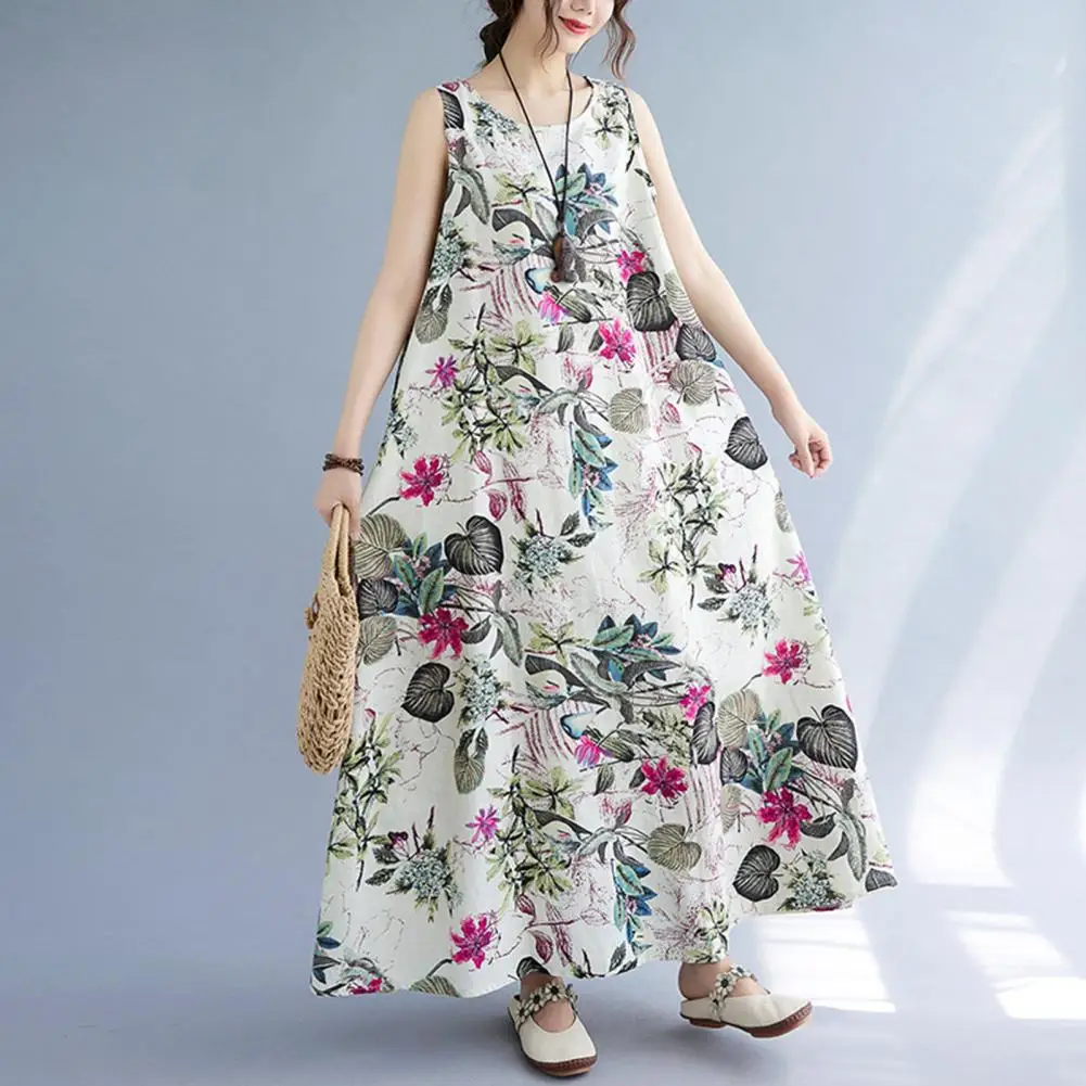 

Printed Dress Floral Print A-line Maxi Dress with Retro Vibes Pockets for Casual Dating Parties Vacation A-line Vest Dress