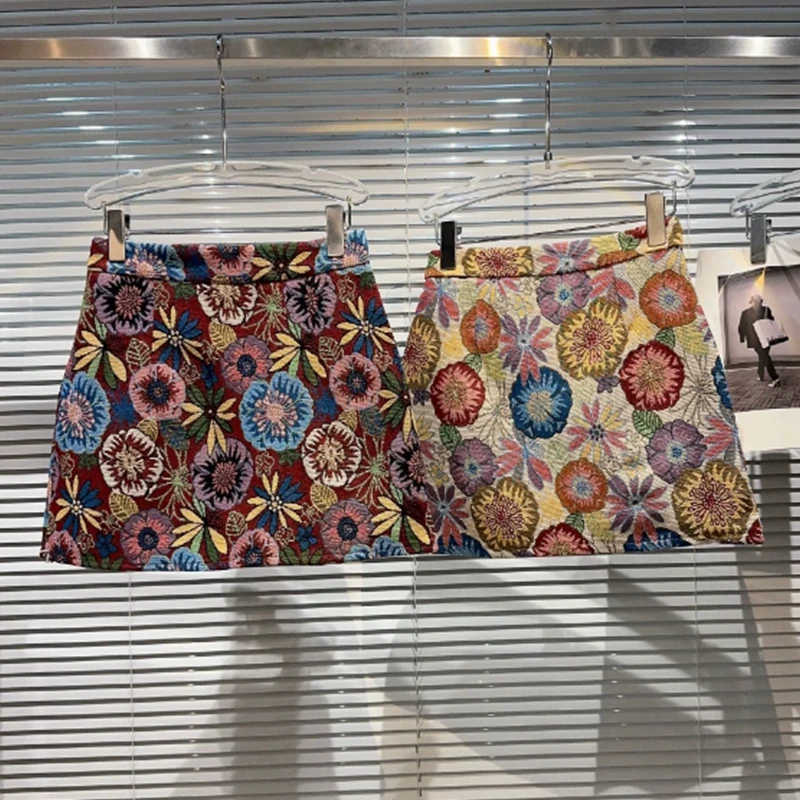 

2023 Summer New Fashion Style Retro Colorful Flower Elegant A-Line Short Skirt