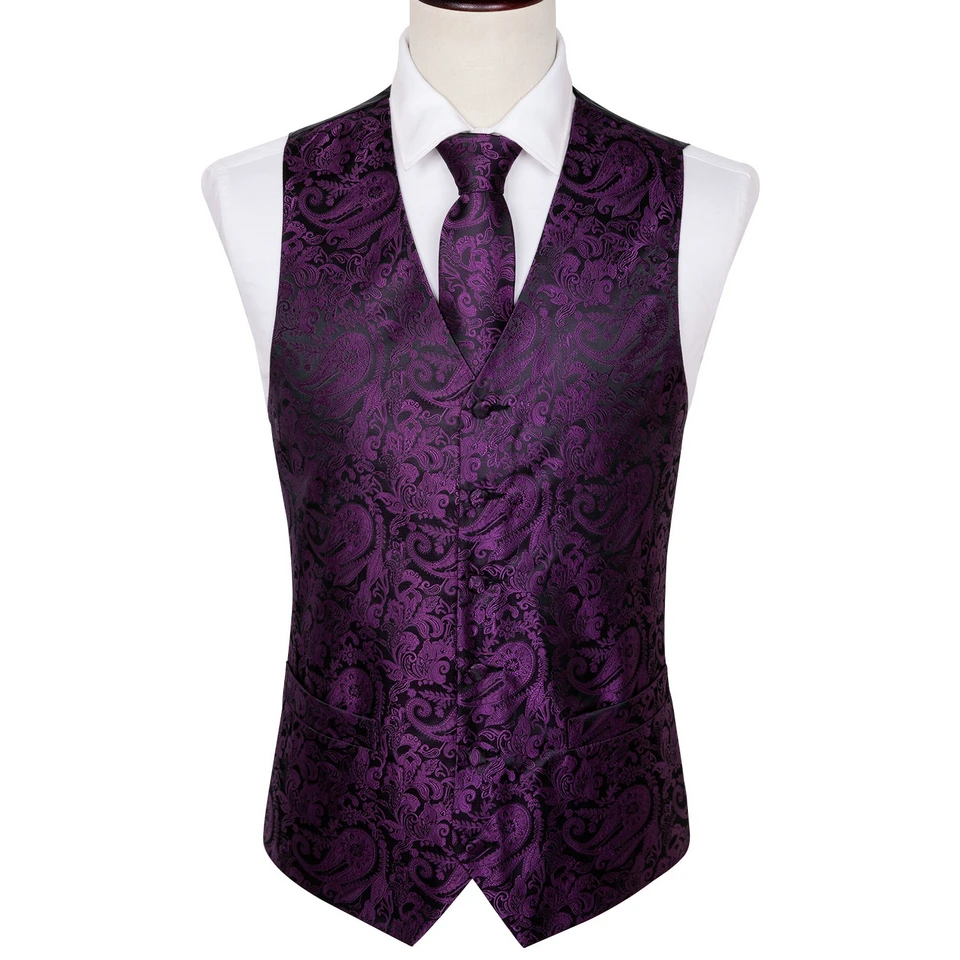 Dress Vests Designer Vest for Men Purple Embroidered Silk Waistcoat Tie Pocket Square Set Wedding Formal Male Suit Party