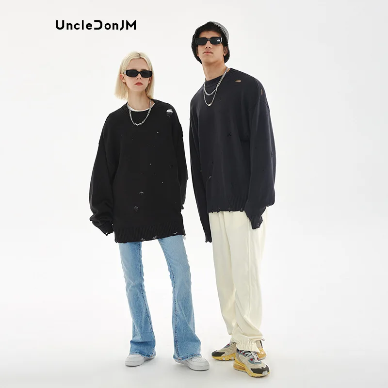 

Broken Hole Knitted Sweater Streetwear Casual Loose Sweater Ripped Vintage Sweater Man Clothes Harajuku Sweater