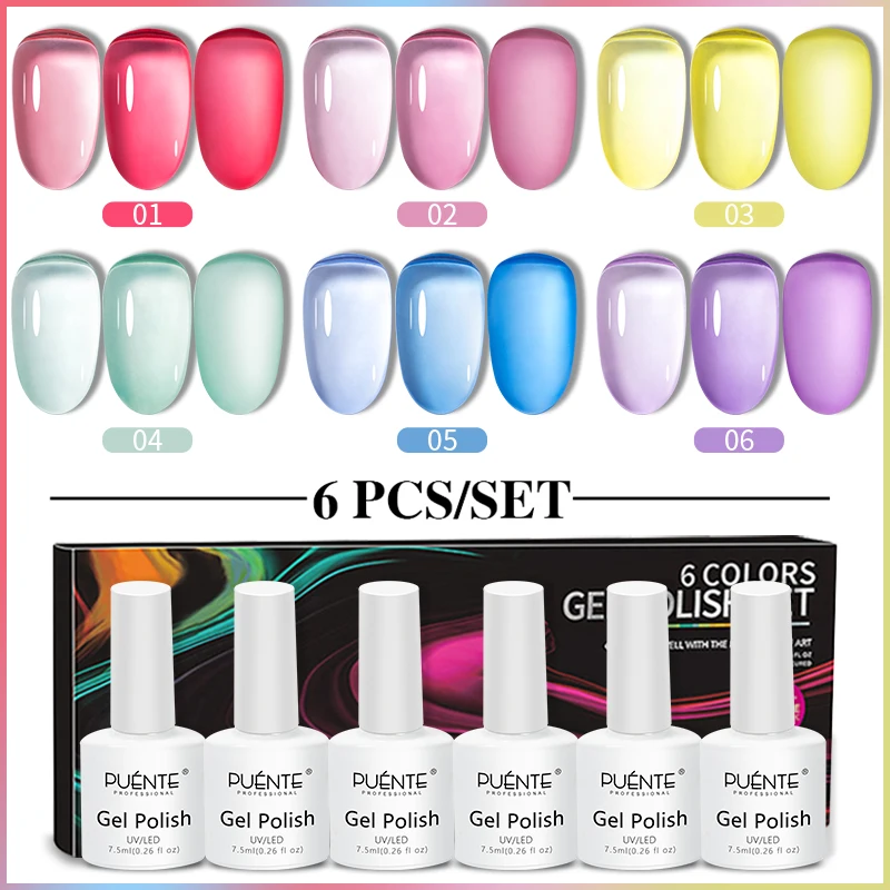 

PUENTE 6 Pcs/Set Jelly Glass Gel Nail Polish Translucent Colorful Glaze Gel For Manicure Soak Off UV Gel Semi-Permanent Varnish