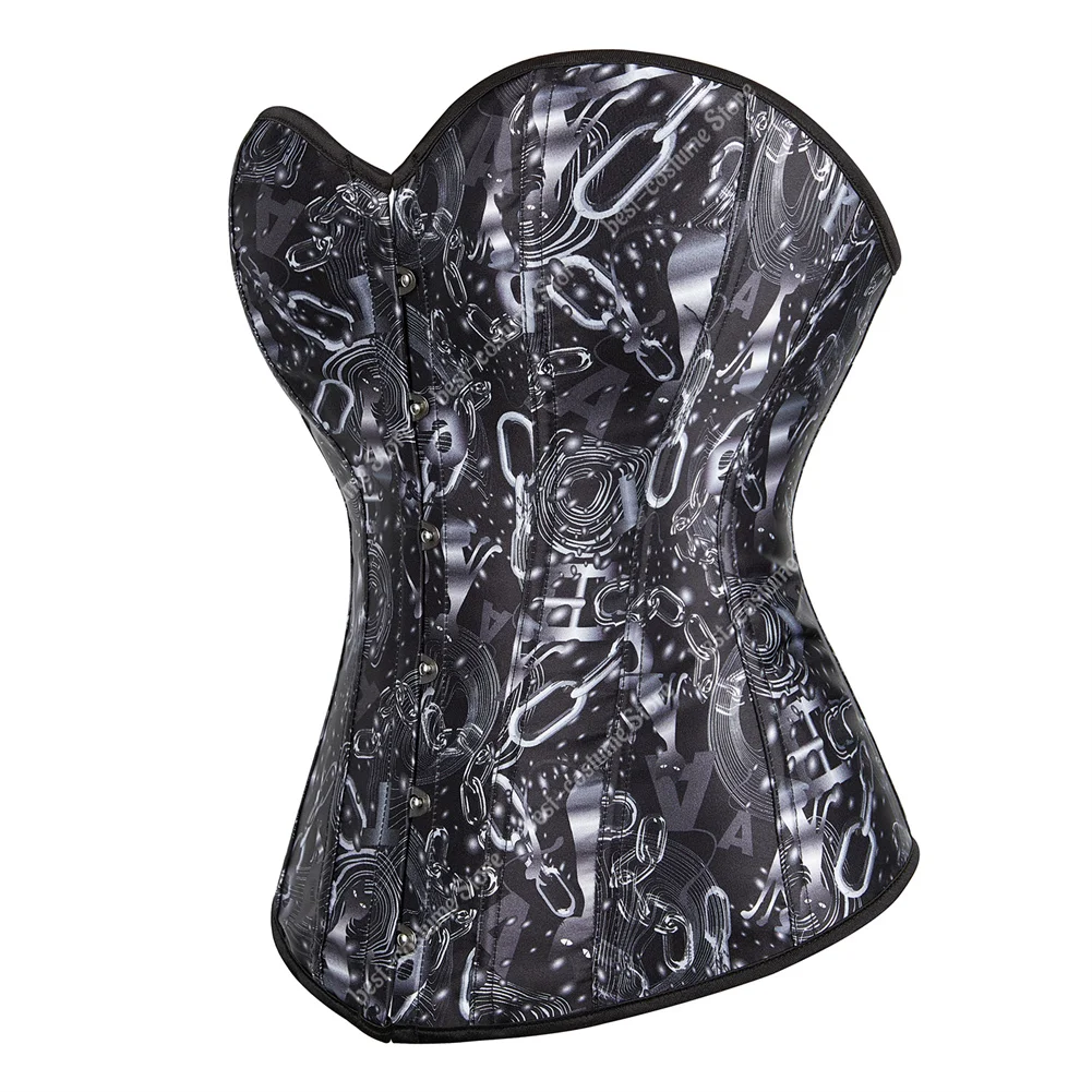 Gothic Corset Women Bodices Black Corset With Chain Print Steampunk Corset Top Plus Size  XS-7XL Bustier