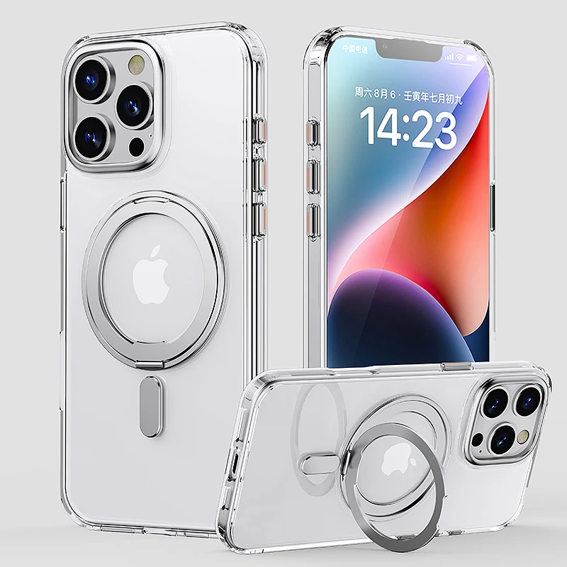 Magnetic 360° Stand Phone Case with Metal Button & Lens Protection - Transparent Matte Cover