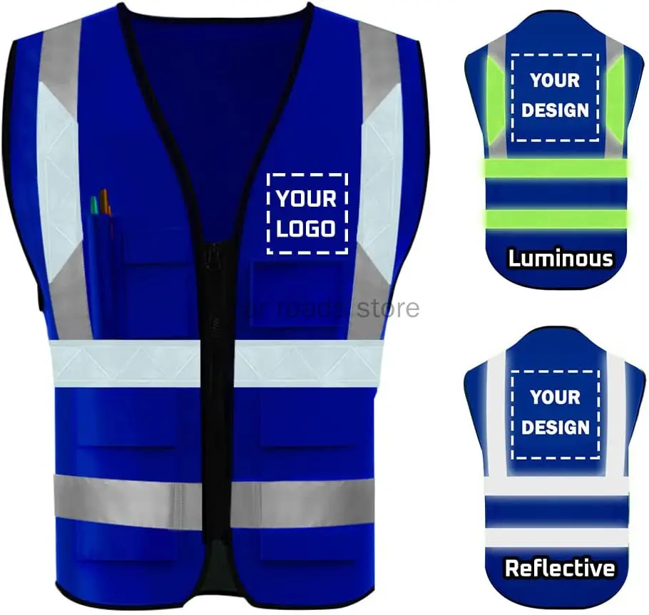 Sapphire Blue Flame Retardant Reflect Custom Personalize Surveyor Logo Print Safety Vest For Construction With Pocket reflective safety vest