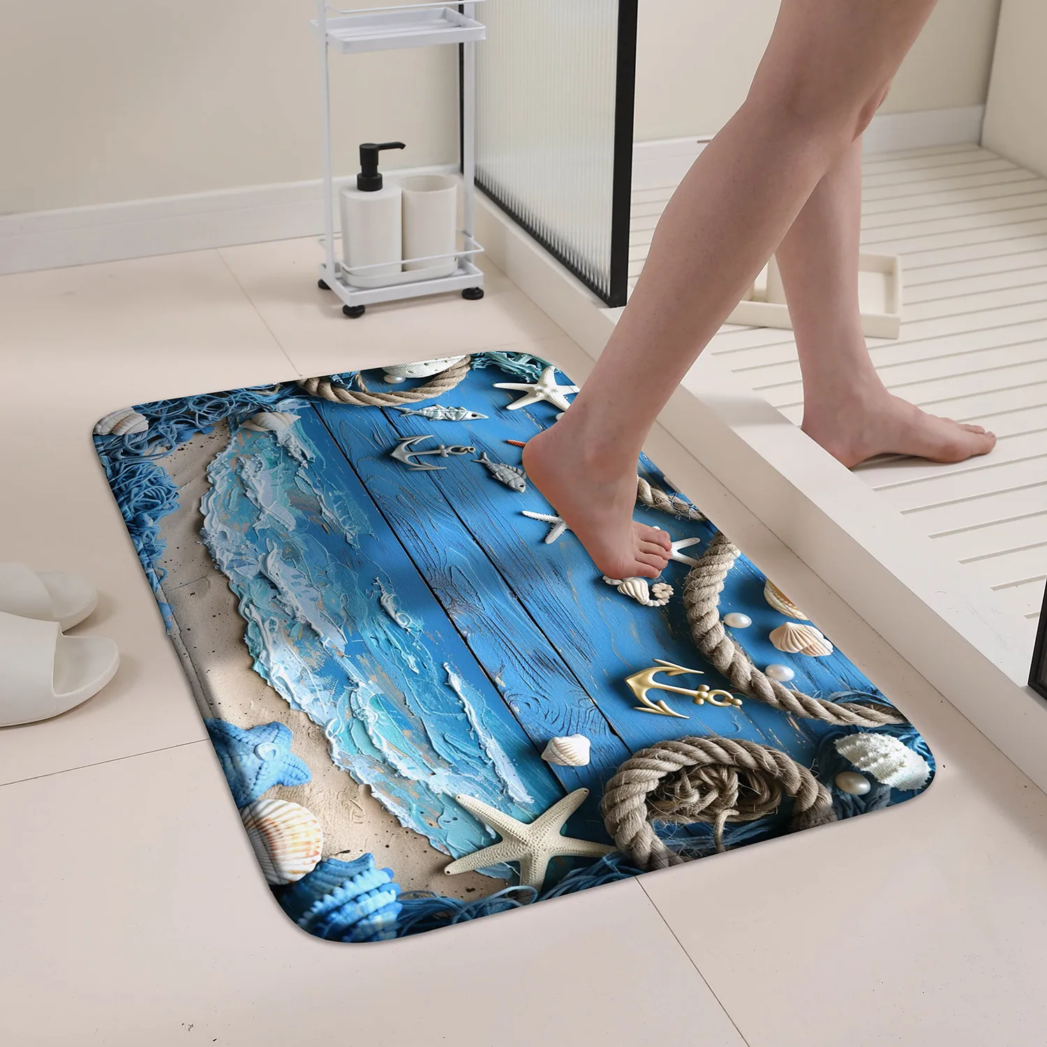 Blue Coast wood stripe rope starfish pattern carpet long kitchen floor mat machine washable bathroom floor mat kitchen mat