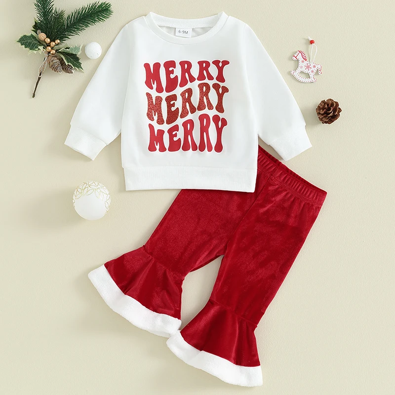 

Newborn Baby Girl Christmas Outfit Santa Letter Printed Long Sleeve Sweatshirt Tops Bell Bottoms Pants Winter Clothes