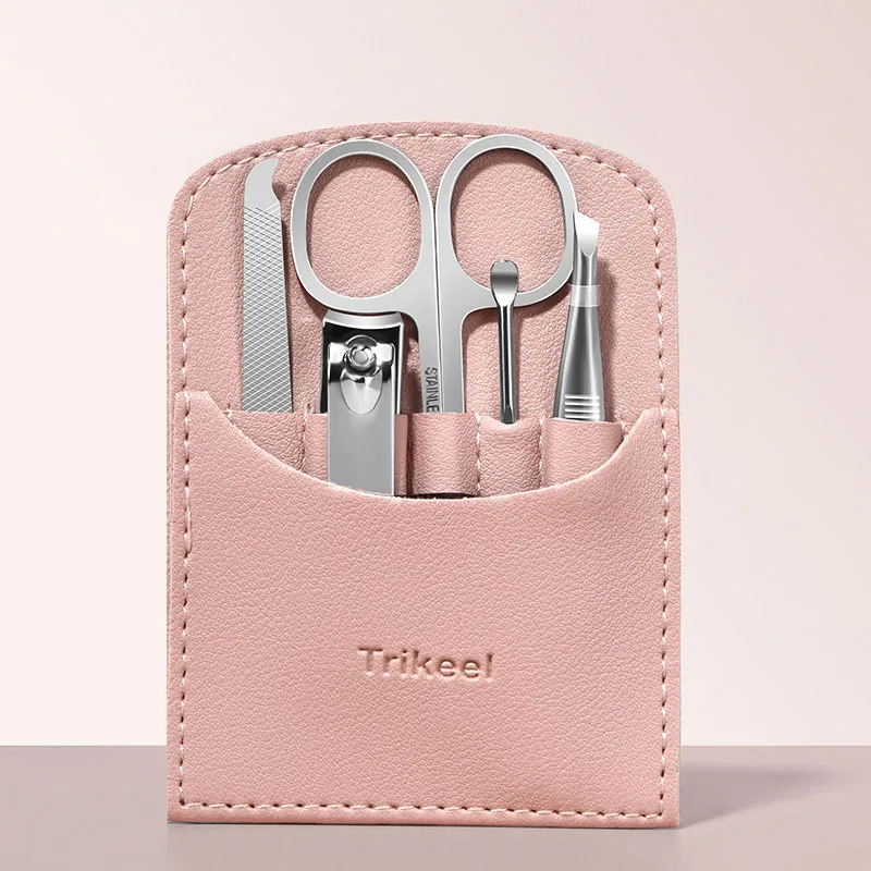 

5Pcs/set Nail Clippers Suit Manicure Set With PU Leather Bag Portable Stainless Steel Pedicure Personal Care Tools Pink Newest