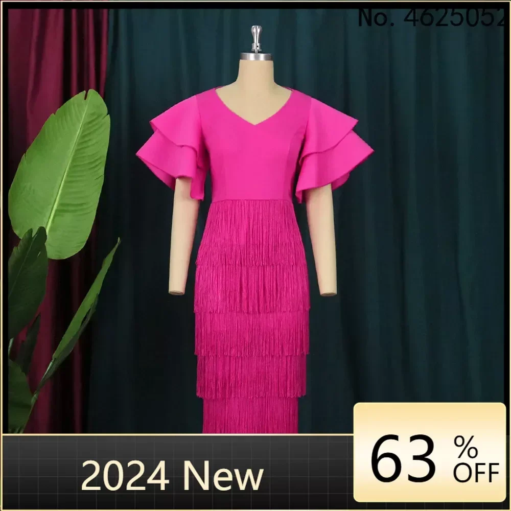 

Women Tassel Dresses Bodycon Party Prom Midi Length Big Sleeve Fringe Dress Evening Birthday Celebrity Outfits Large Size 4XL