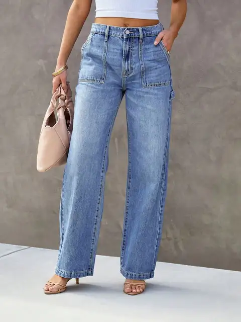 Women's Light Blue Wide Leg Straight-Leg Jeans - Stylish and Comfortable Denim Pants for Effortless Fashion