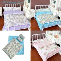 Ensemble de literie miniature pour maison de poupée 1/12, quatre pièces, drap, couette, oreiller, housse de couette, décoration de chambre de poupée【AliS8】 1