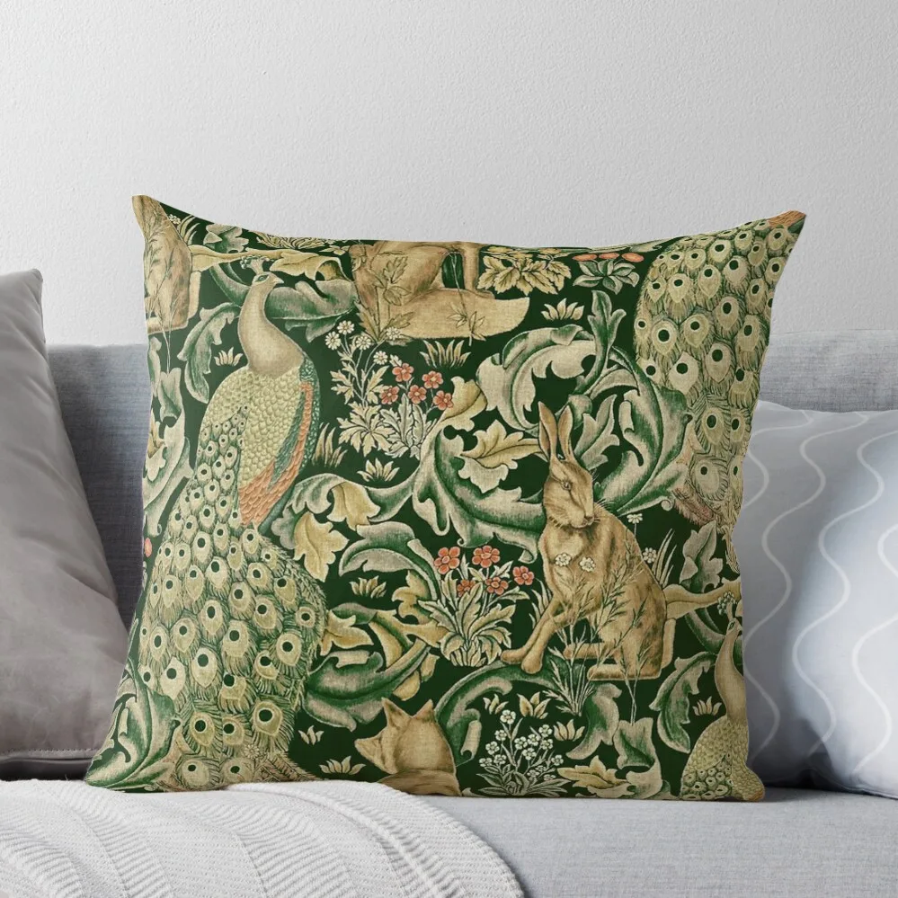 GREEN FOREST ANIMALS ,PEACOCKS, FOX AND HARE IN GREEN LEAVES,FLORAL PATTERN Throw Pillow Ornamental Pillow Anime Plaid Sofa