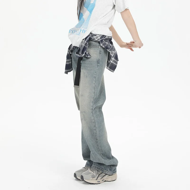 

Light Blue Women Jeans Worn-out Vintage High Waist Y2K Straight Baggy Pants American Fashion Street 2023 Wide Leg Denim Trouser
