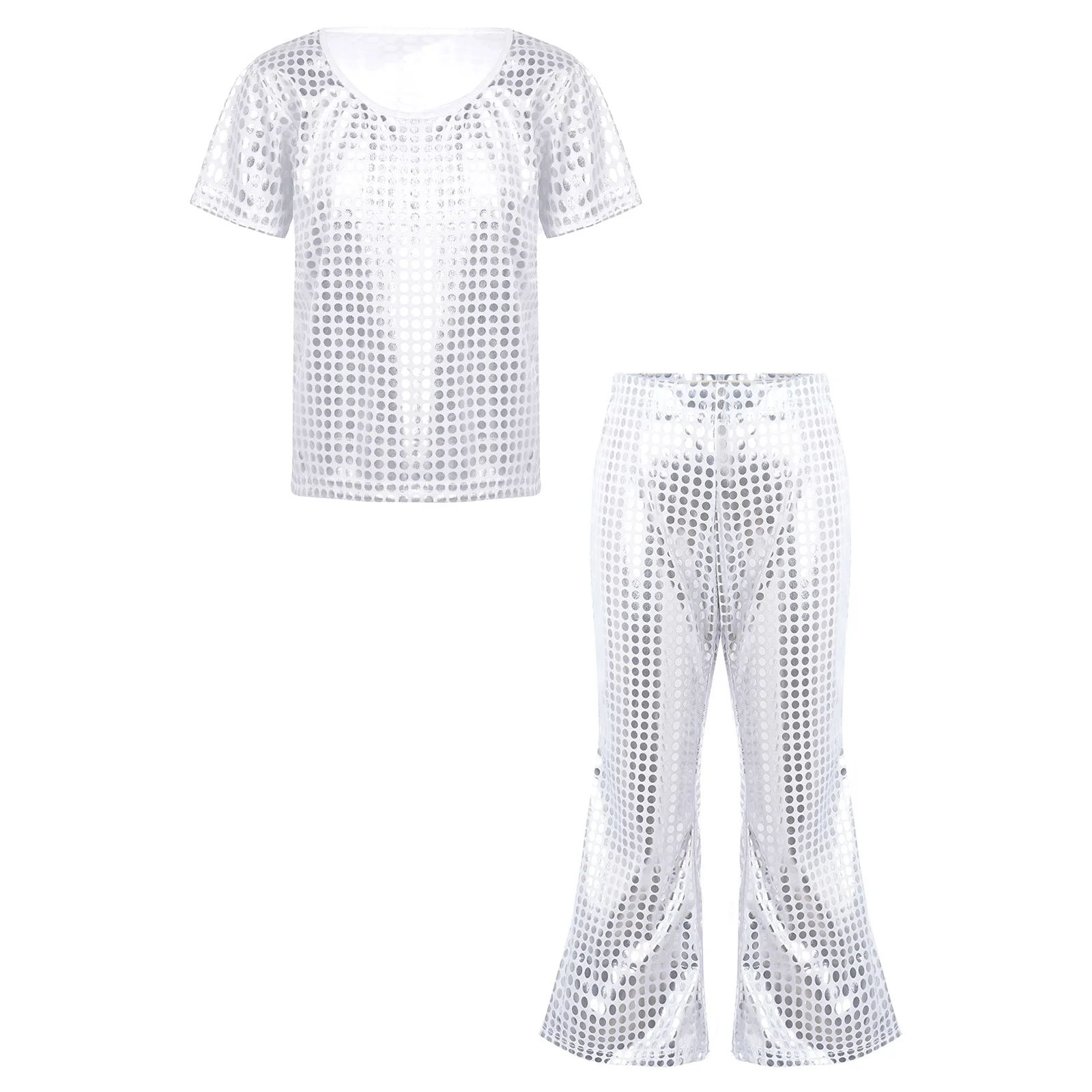 Bambini Ragazzi Ragazze Hip Hop Jazz Abiti da ballo di strada Costume da performance sul palco T-shirt con paillettes lucide Pantaloni svasati Set Abbigliamento da ballo - immagine 4