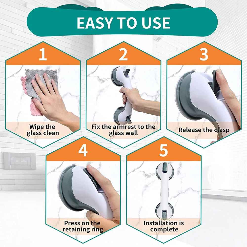 Shower Handle Grab Bars with Ultra Grip Dual Locking Suction Cups - Enhanced Anti-Slip Safety Support