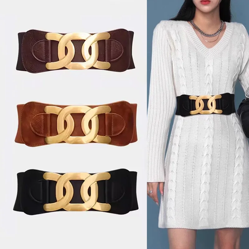 Golden Hook Buckle Elegant Women's Retro Elastic Wide Belt