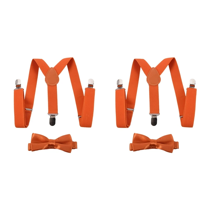 

2X Children Kids Boys Girls Clip-On Suspenders Elastic Adjustable Braces With Cute Bow Tie Orange