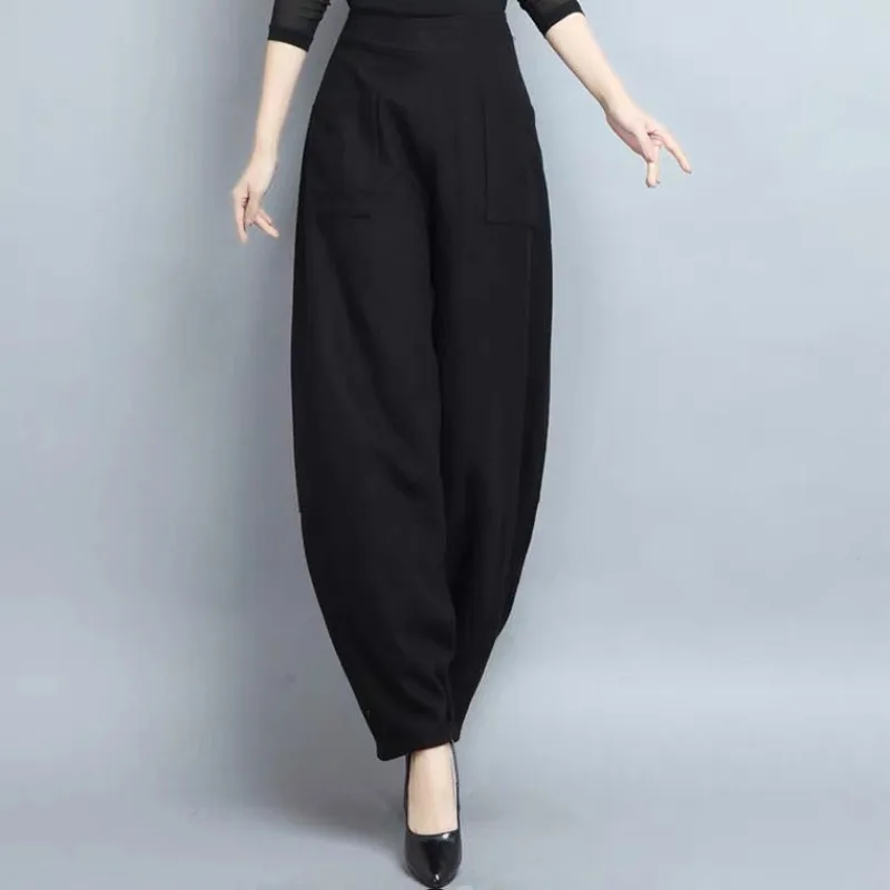 Autumn Winter Women's Elastic High Waist Solid Pocket Lantern Harlan Vacation Trousers Fashion Casual Office Lady Loose Pants