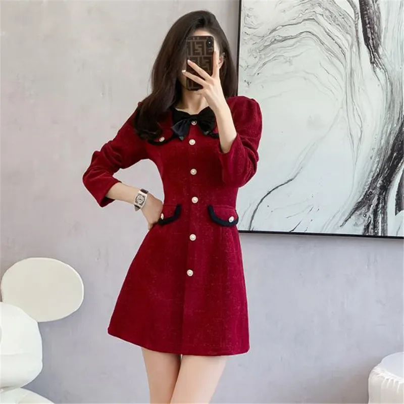

Женское красное мини-платье с воротником-бабочкой из синели, осенне-зимнее корейское винтажное черное платье 2023, элегантное облегающее вечерние платье