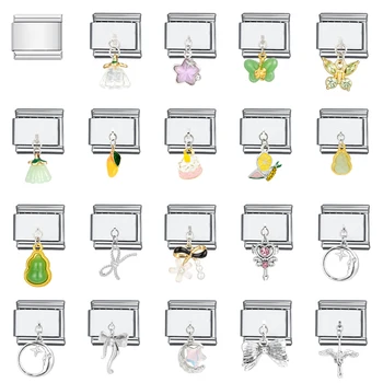 1PC DIY Stainless Steel Italian Charm Links Fit 9mm Bracelet Jewelry Making Accessories Findings Fruit Moon Cat Rhinestone CZ 1