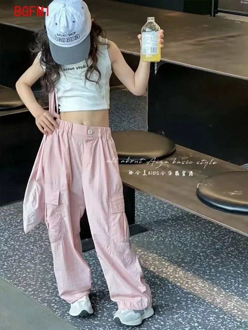 Korean Children's Clothing Pants Girl Summer Solid Color Sports Trousers Casual Cargo Pants New Thin Bottom Part for teenagers