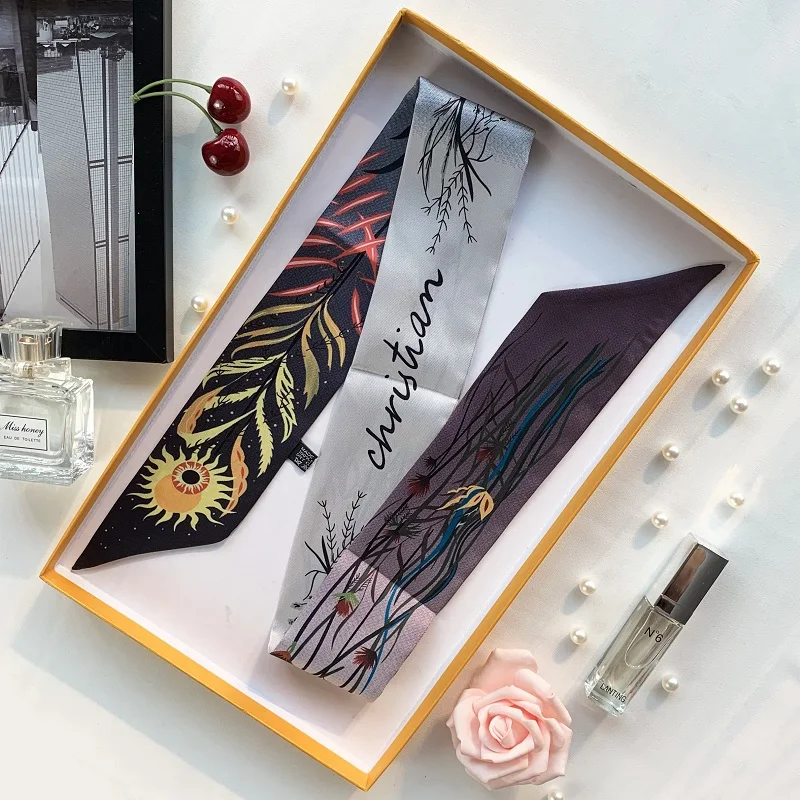 New Skinny Scarf Women Luxury Brand Small Silk Scarves Print Hair Band Headband Wrap Bag Handle Ribbon Lady Neck Scarf Shawl 2