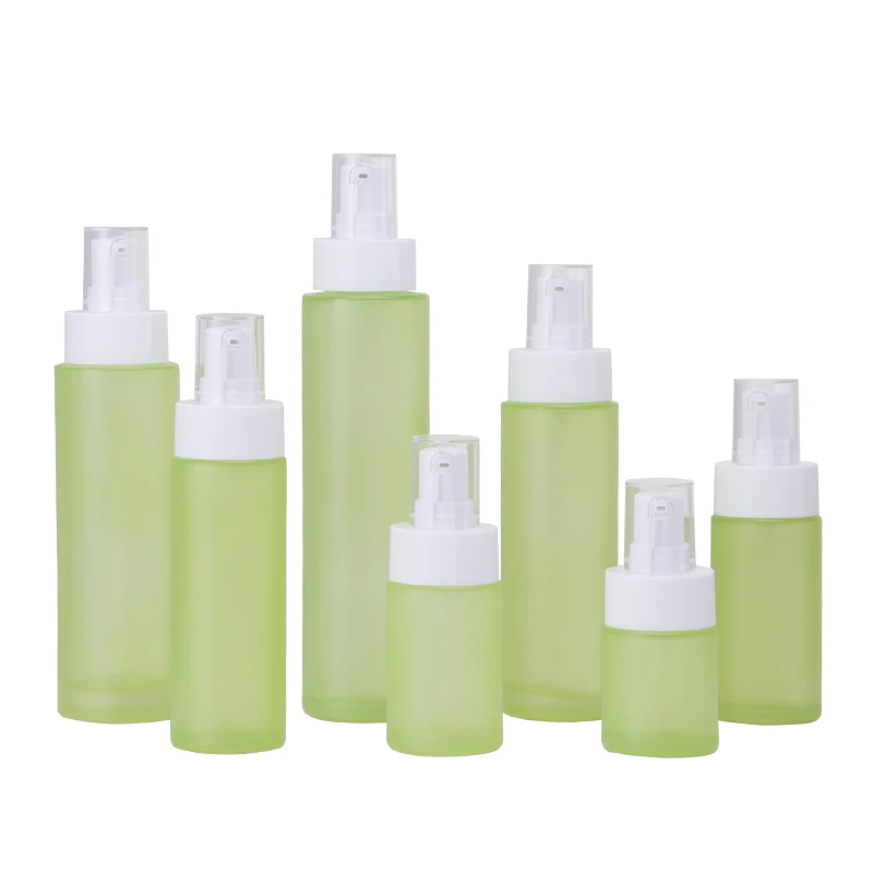 

8pcs Frost Green Glass Refillable Bottle White Pump Cosmetic Packaging Empty Essence Emulsion Lotion Bottles 20ml 30ml60ml100ml