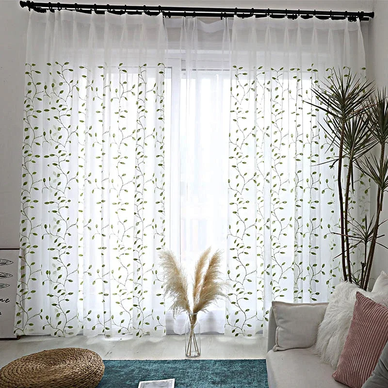 Bordado Tule Verde Cortinas Pura, Cortinas prontas para janelas, Sala de estar, Quarto, Crianças