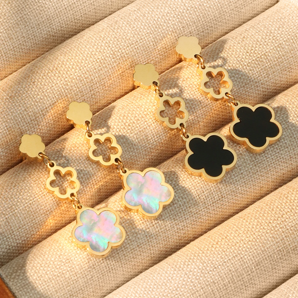 1pair/2pcs Fashionable New Stainless Steel Lucky Five Petal Floral Fringe Earrings For Women's Jewelry