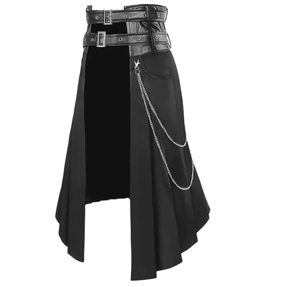 

Punk Pleated Skirt Open Front Men's Gothic Leather Belt Medieval Roman Warrior Kilt Metal Chian Harujuku Stylish Clothing